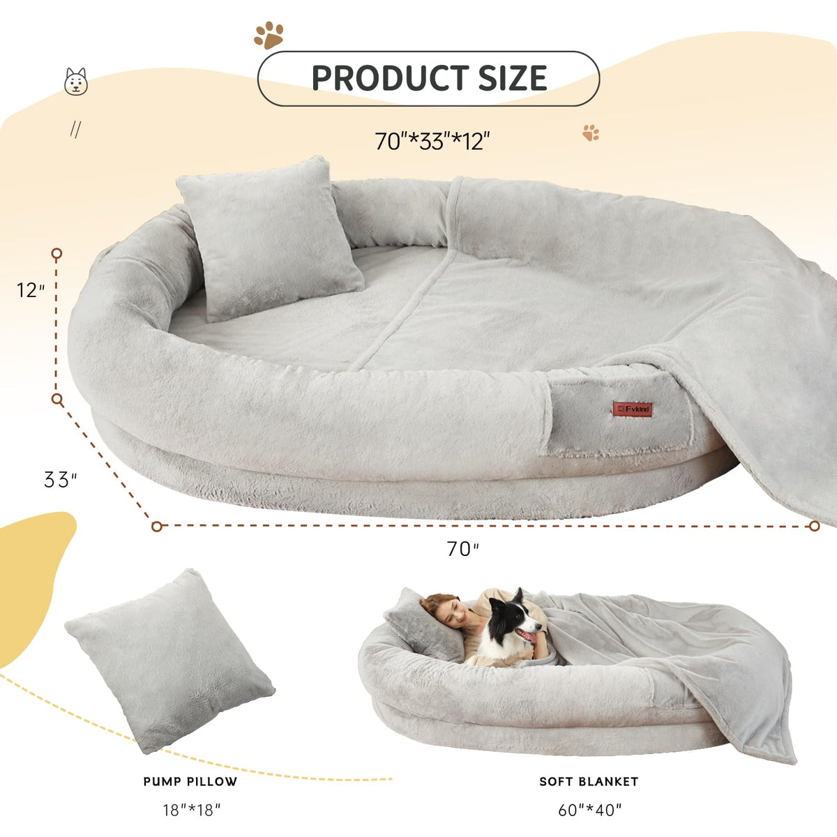 Fvkind Pet Bed Mat in 70"L×33"W×12"Th, Grey