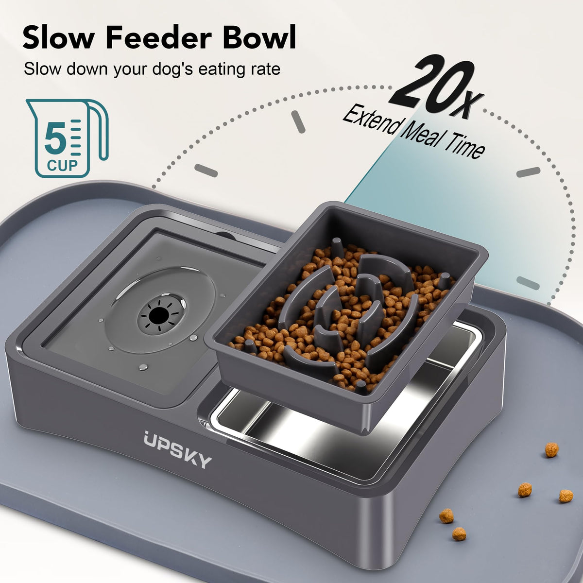 UPSKY Pet Feeder in N-3 in 1 with Mat (Grey)