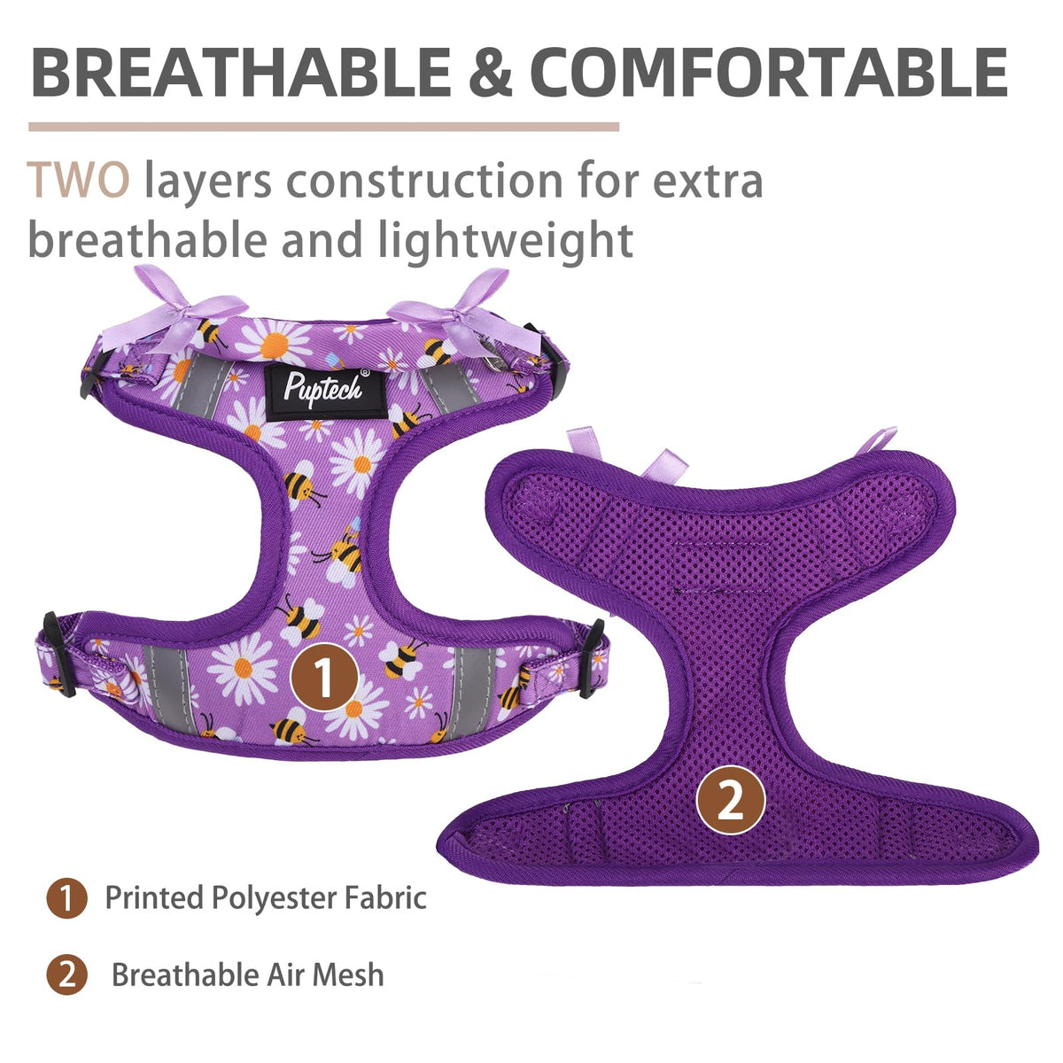 PUPTECK Animal Harness in XS (9-13lbs, Chest 14"-16"), #2 Purple(Daisy Print)