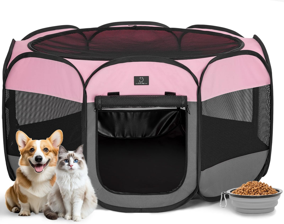 A 4 Pet Pet Playpen in S(29.92"x29.92"x16.5"), Pink+Grey