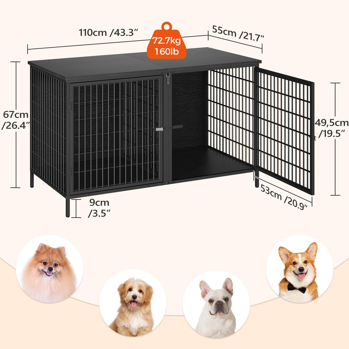 MAHANCRIS Animal Cage in 43.3"L x 21.7"W x 26.4"H, Black