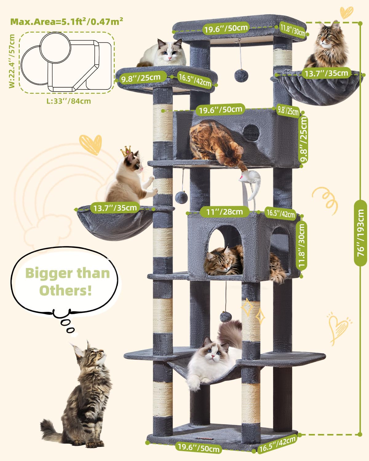 Taoqimiao Pet Activity Structure in 76 inch, Smoky Gray