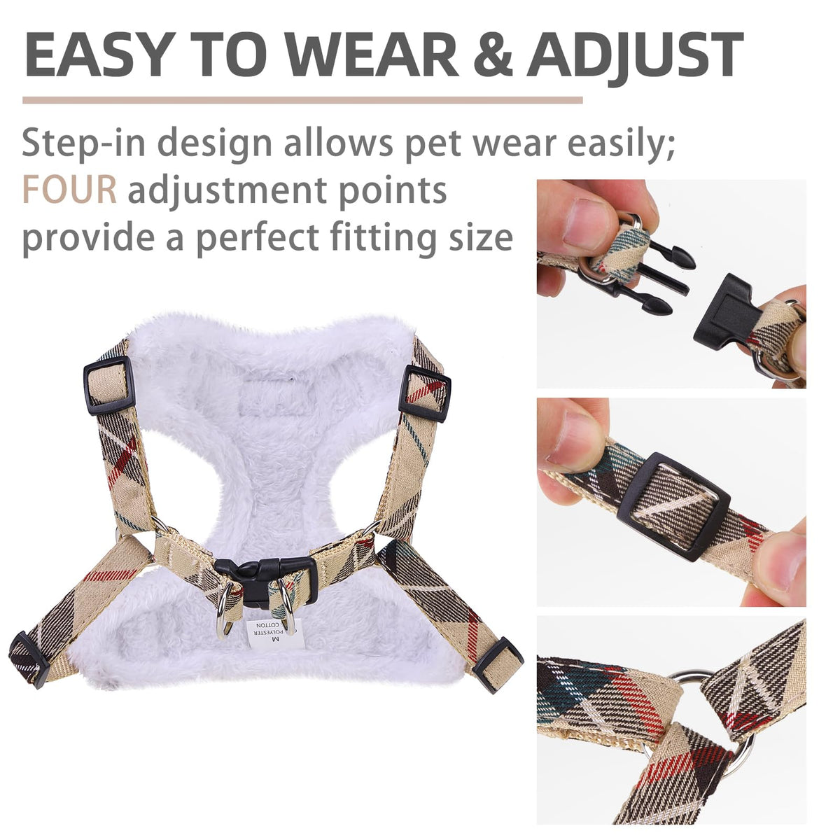 PUPTECK Animal Harness in XS (9-13lbs, Chest 14"-16"), #3 Beige(Plush Plaid)