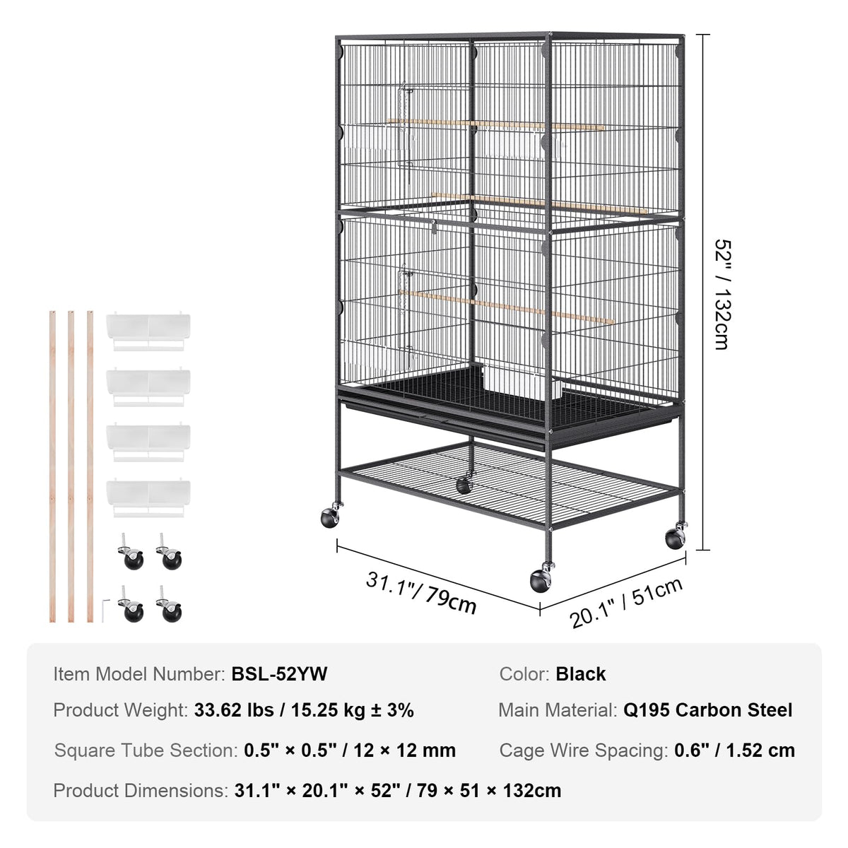 VEVOR Animal Cage in 31.1"L x 20.1"W x 52.0"H, Black