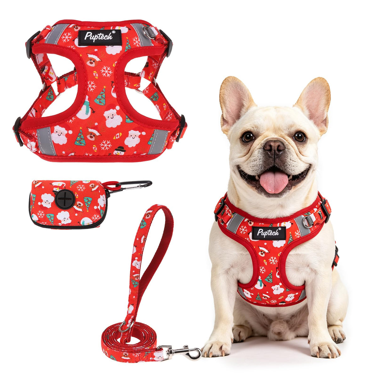 PUPTECK Animal Harness in M (17-25lbs, Chest 17"-21"), #2 Red(Christmas Print)
