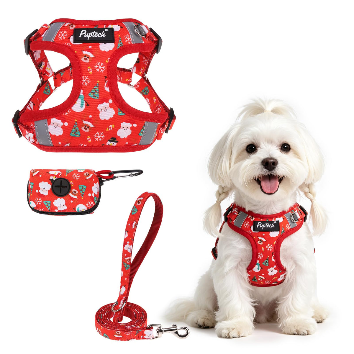 PUPTECK Animal Harness in S (13-17lbs, Chest 15"-18"), #2 Red(Christmas Print)
