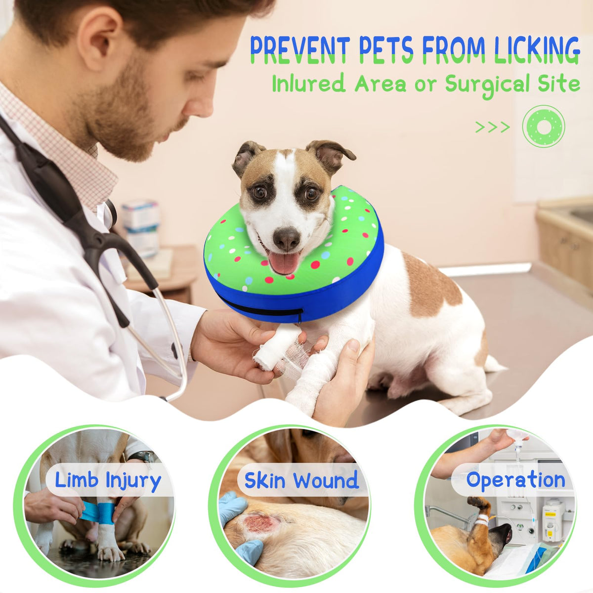 Supet Animal Recovery Collar Cone in XS(Neck 4"-7"), Donut Green