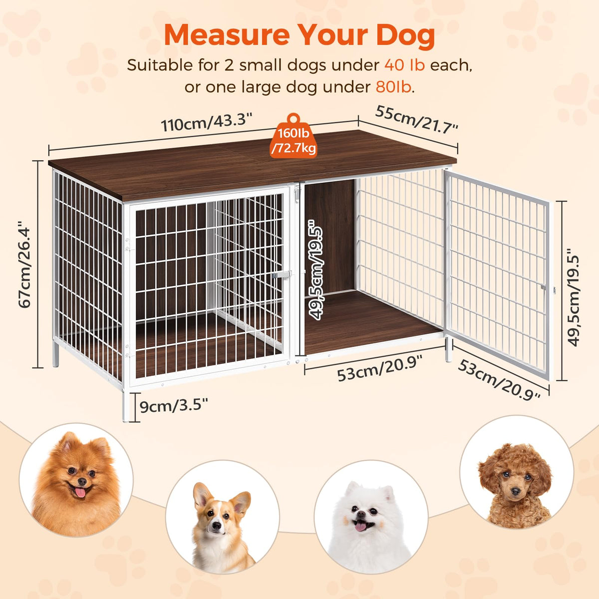 MAHANCRIS Animal Cage in 43.3"L x 21.7"W x 26.4"H, White and Walnut
