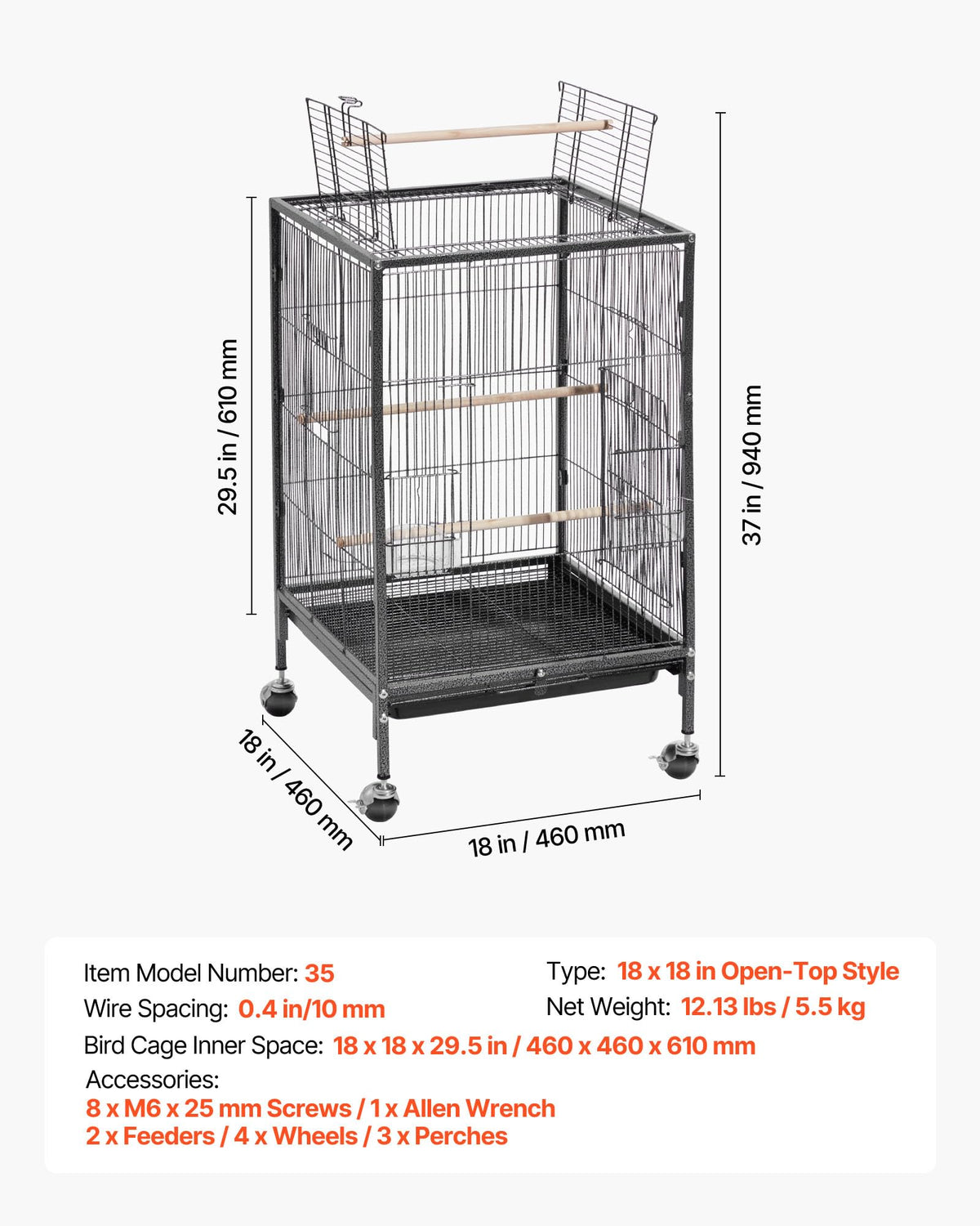 VEVOR Animal Cage in 18.0"L x 18.0"W x 30.0"H, Black