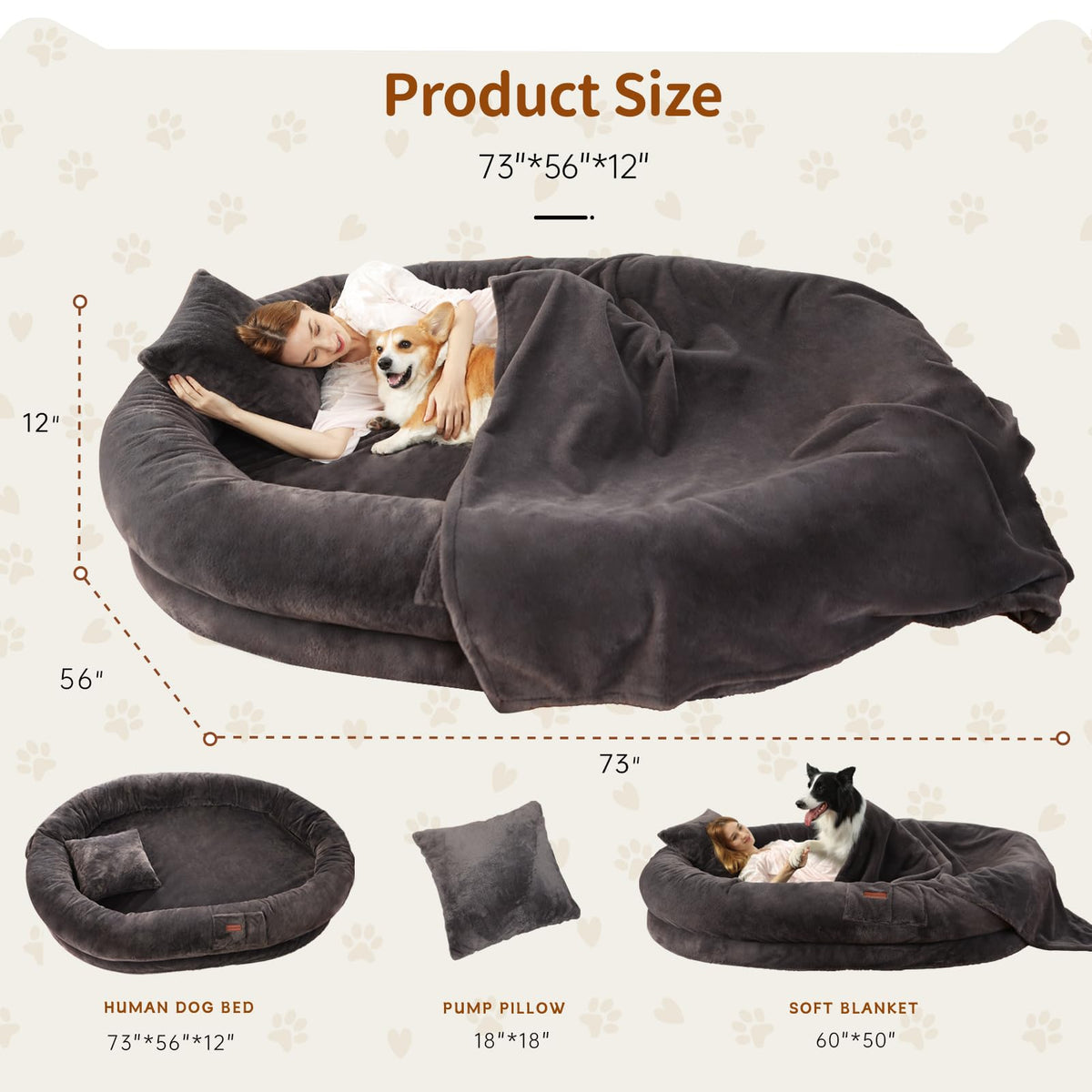 Fvkind Pet Bed Mat in 73"Lx56"Wx12"Th, Dark Grey