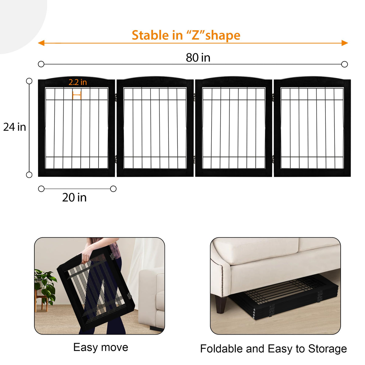 LZRS Temporary Gate in 24"Height-4 Panel, Black