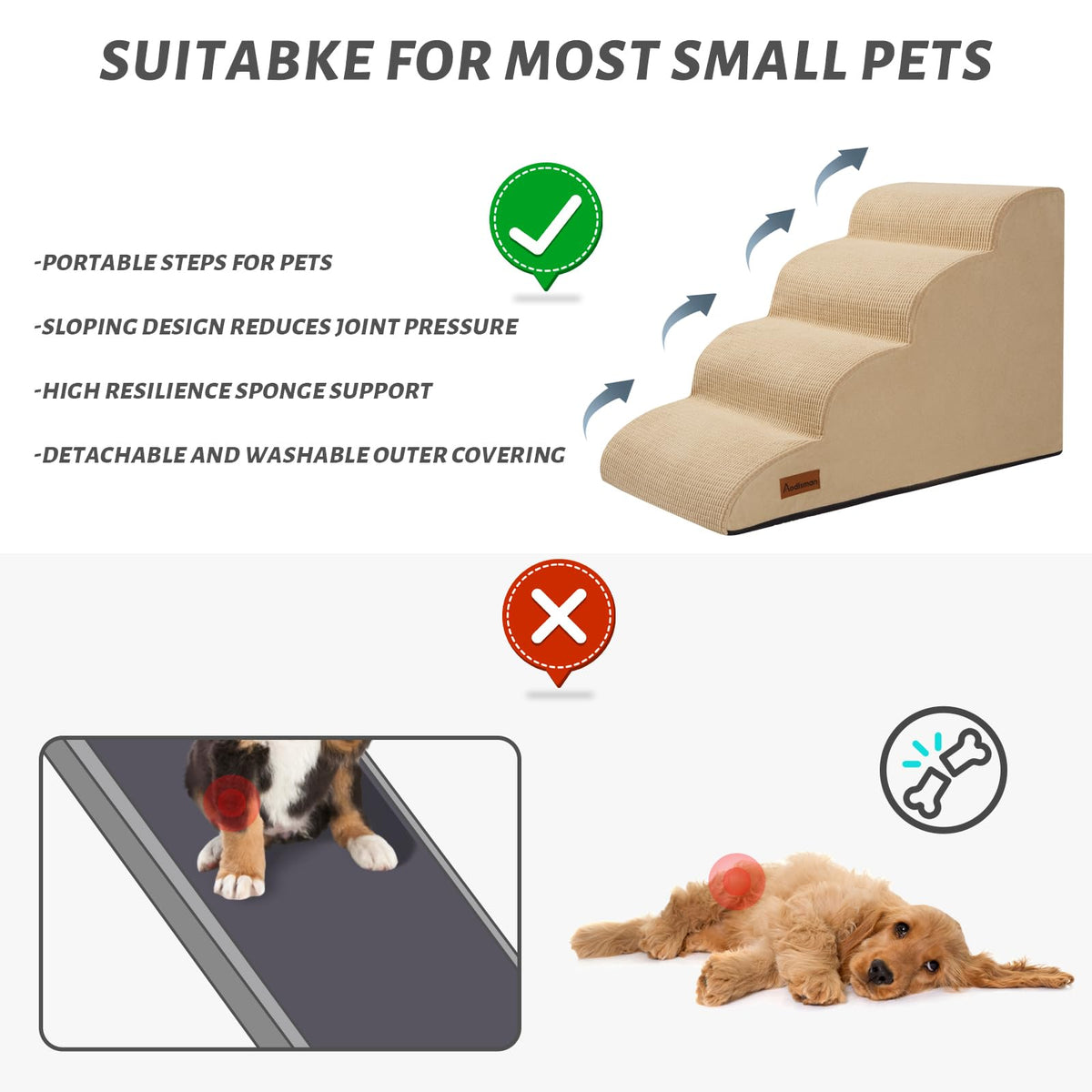 aodisman Animal Stair in Standard 4-Step 17.4"H, Khaki