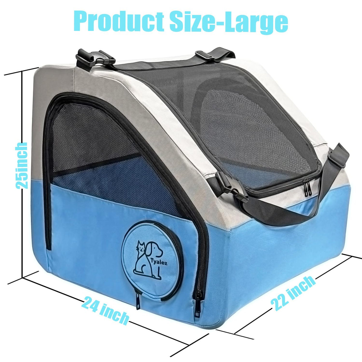 Tyalez Animal Carrier in 21.5"L x 25.0"W x 24.0"H, Blue, Grey