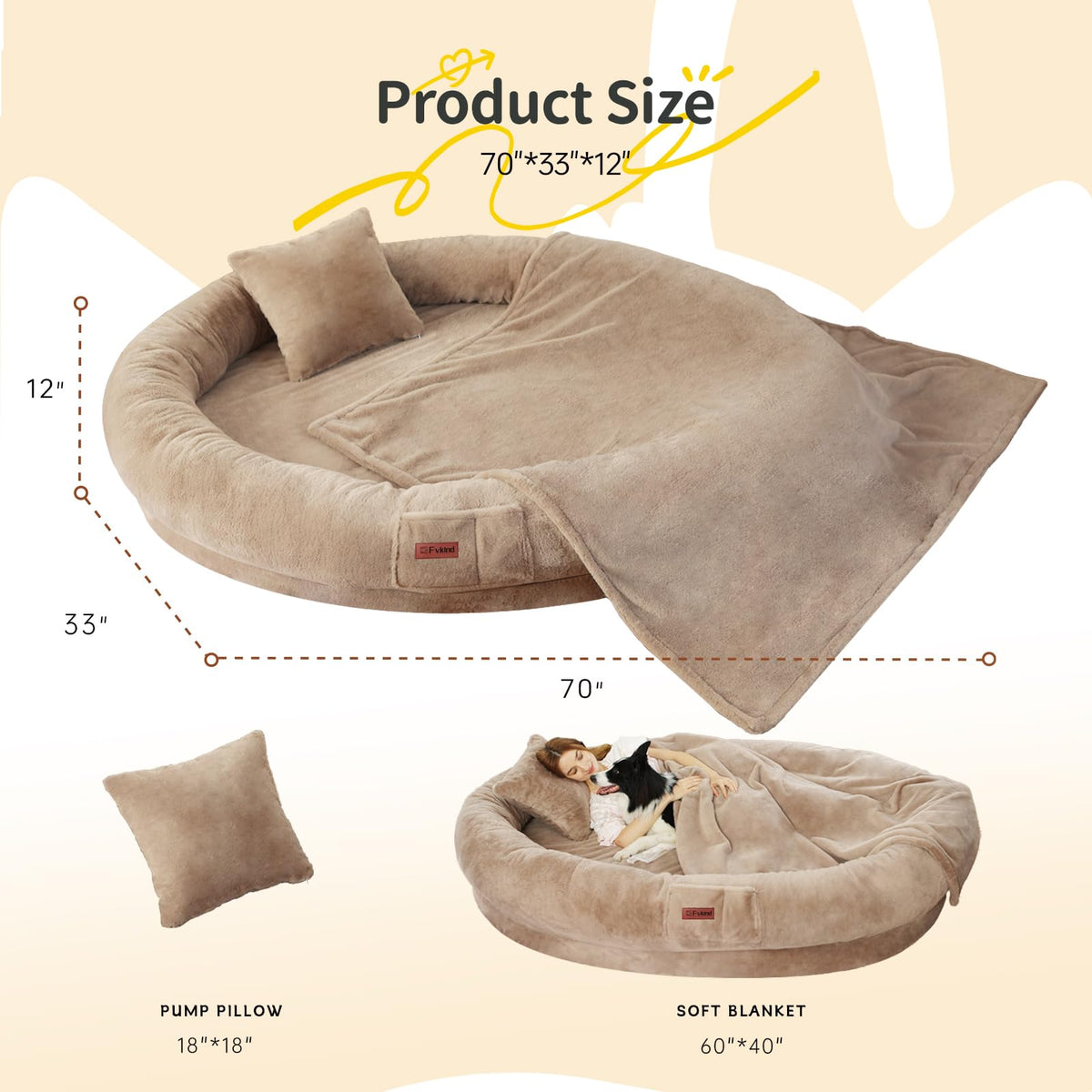 Fvkind Pet Bed Mat in 70"L×33"W×12"Th, Khaki
