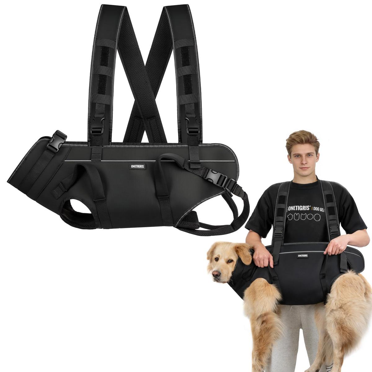 ONETIGRIS Animal Carrier in L: Chest 27-36", Back 11", Fits 60-90 lbs, Black