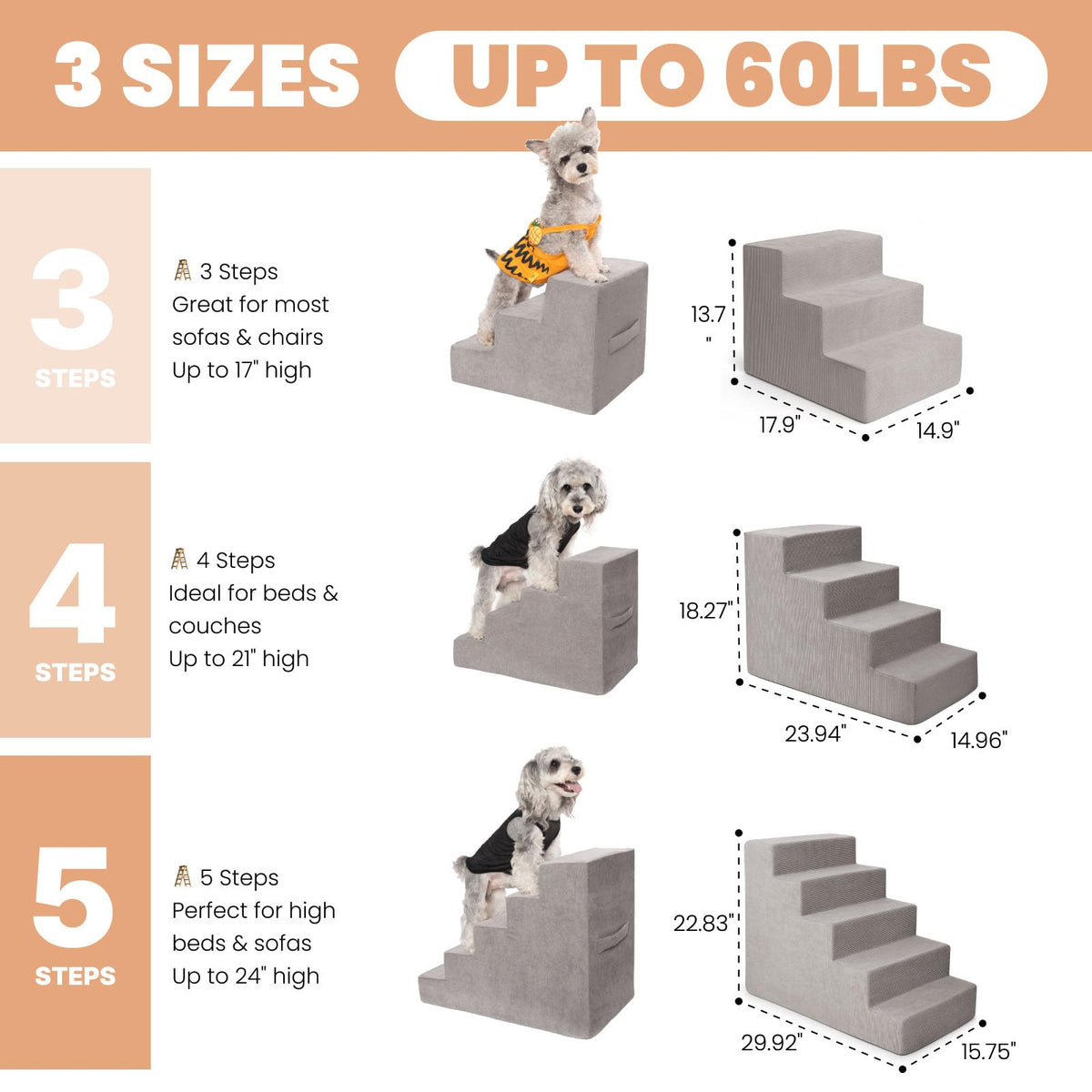 MEWANG Animal Stair in 3 steps: 17.95''L×14.96''W×13.70''H, Square Corner