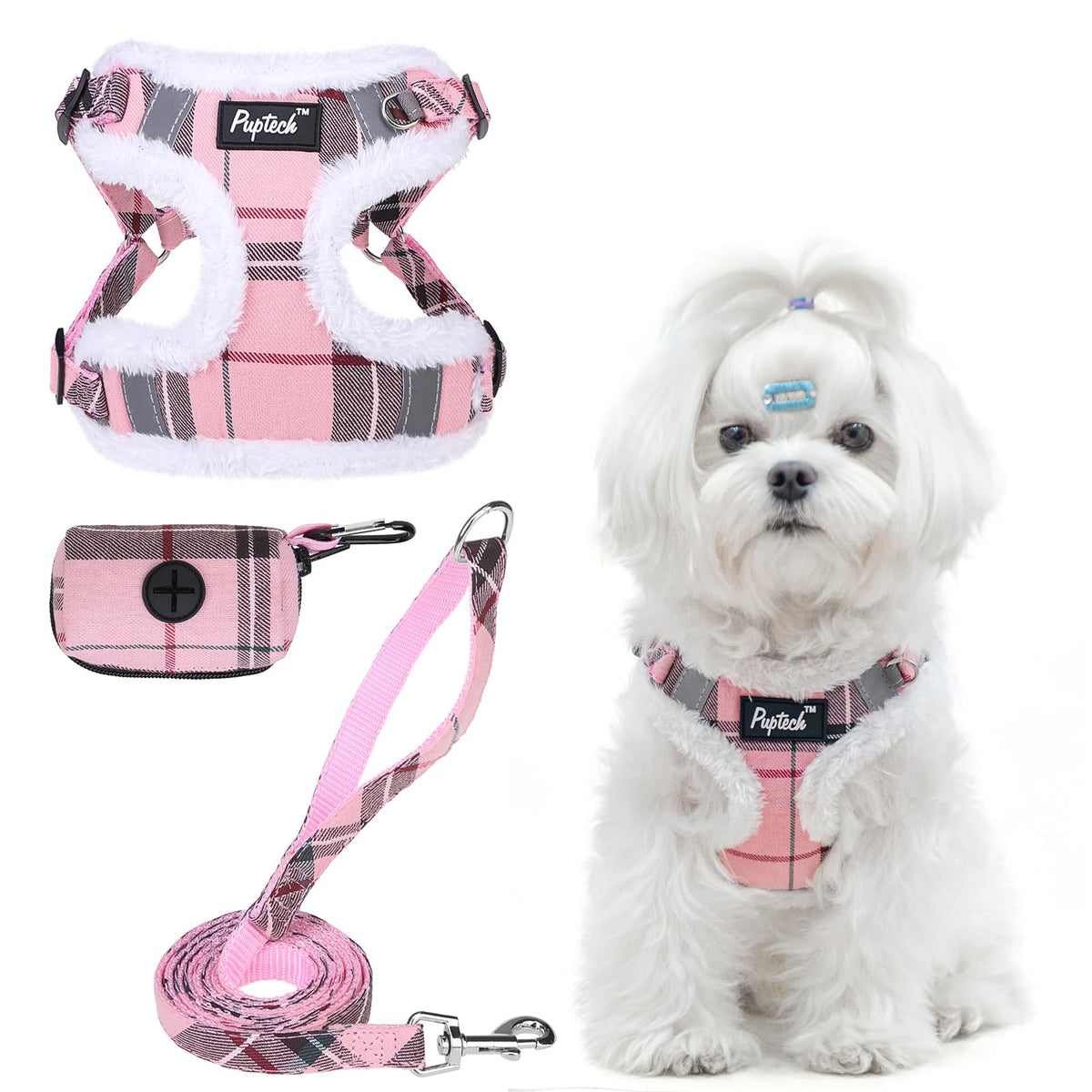 PUPTECK Animal Harness in M (17-25lbs, Chest 17"-21"), #3 Pink(Plush Plaid)
