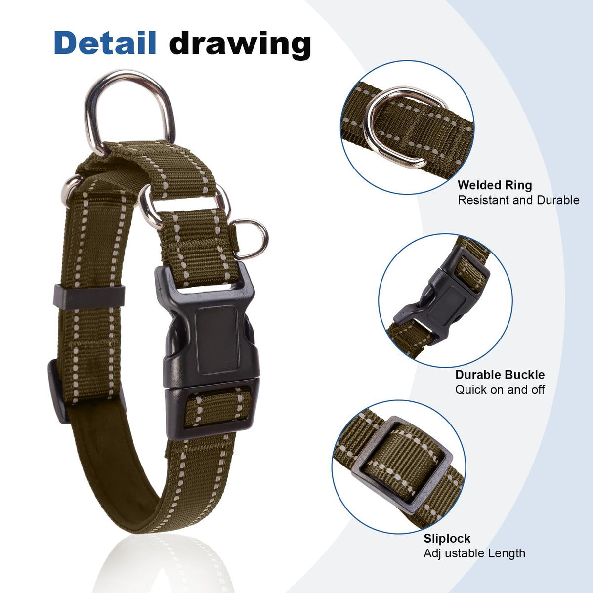 GDLKPS Animal Collar in XS:3/4" Wide for 11.5"-13.5" Neck, Army Green