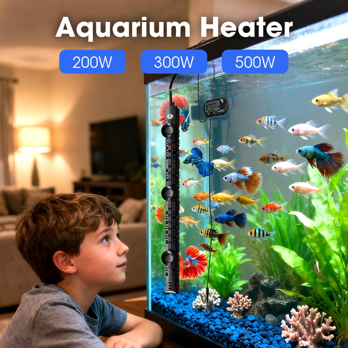 MQ Thermometer in 200W for 15-40 Gallon, Black
