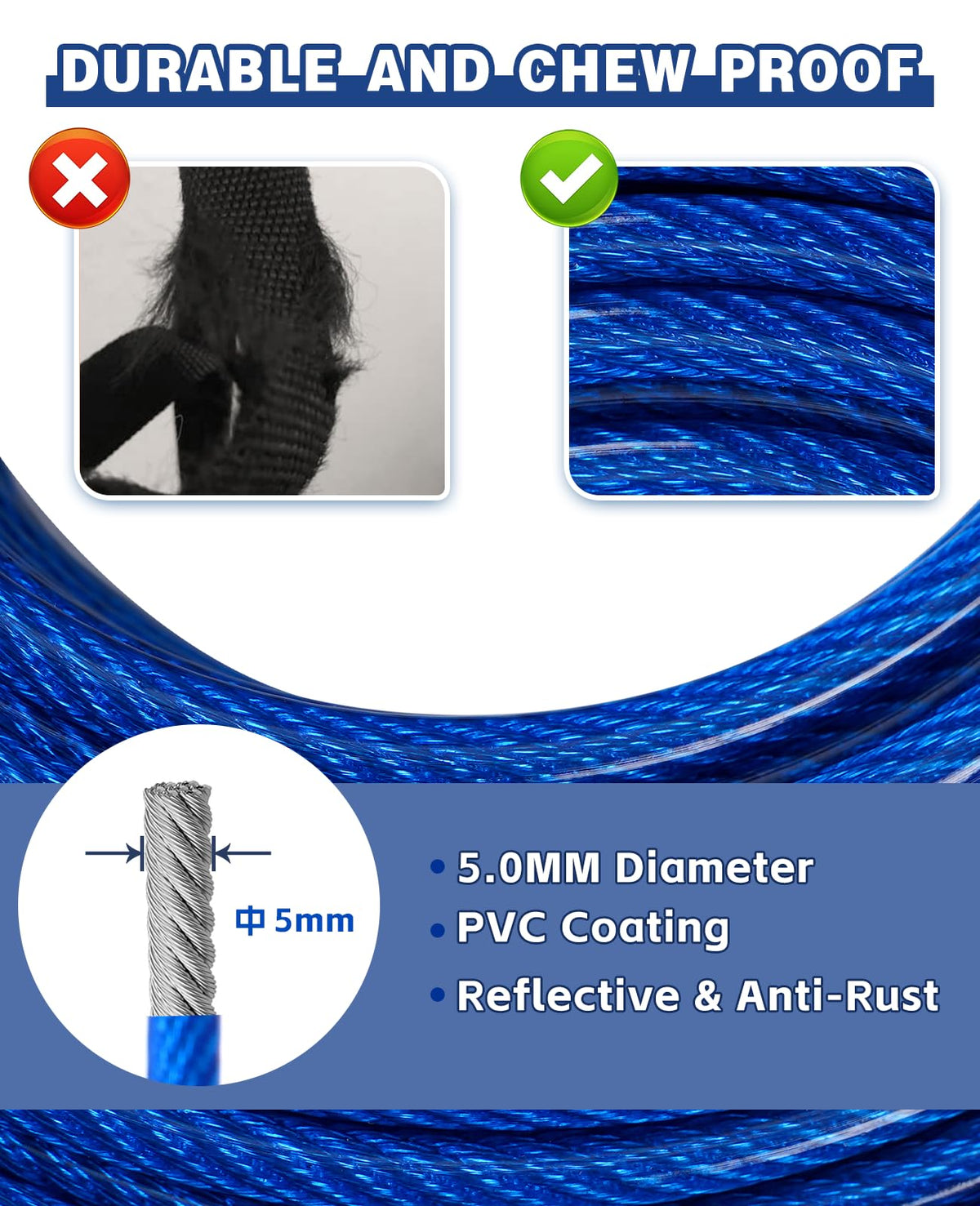 Duckygoo Leash in 50FT+10FT,250LBS, Blue