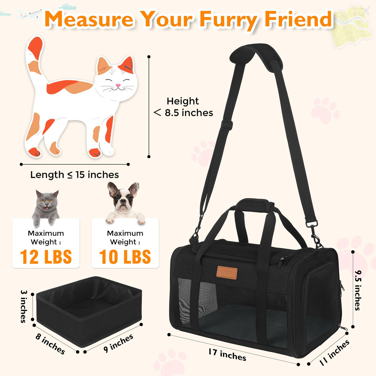 Petux Animal Carrier in 17.0"L x 11.0"W x 9.5"H, Light Black
