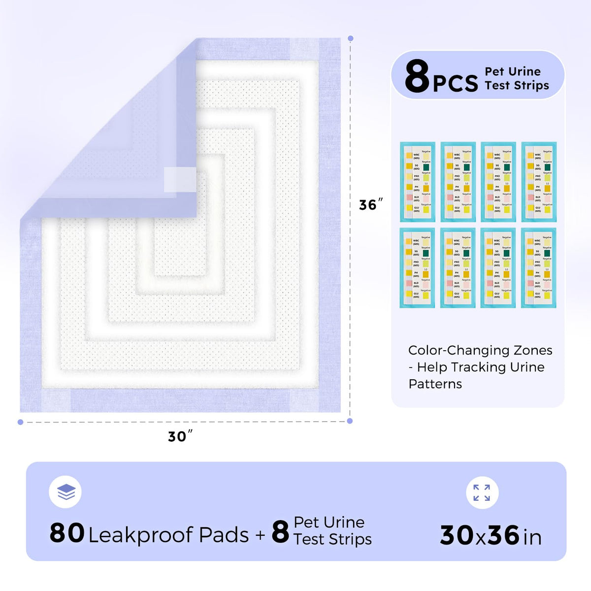ZOMISIA Disposable Incontinence Surface Protector in 30"x36" - 80 Count + 8 Pet Urine Test Strips, Purple