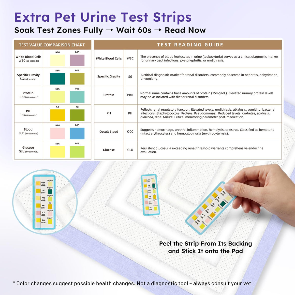 ZOMISIA Disposable Incontinence Surface Protector in 22"x23" - 25 Count + 4 Pet Urine Test Strips, Purple