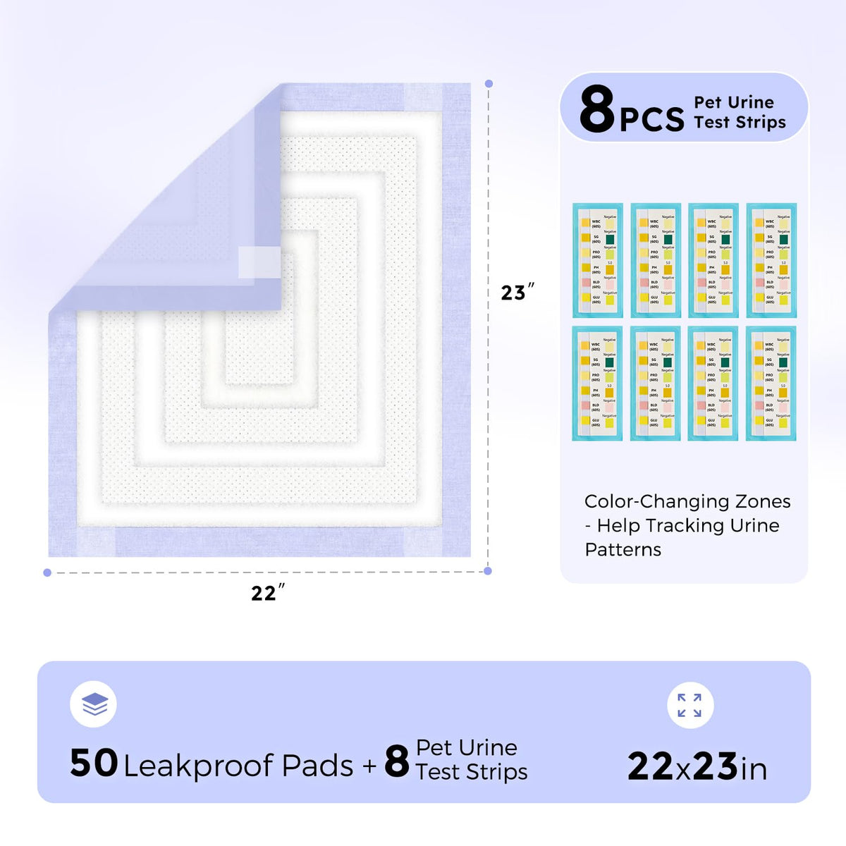 ZOMISIA Disposable Incontinence Surface Protector in 22"x23" - 50 Count + 8 Pet Urine Test Strips, Purple