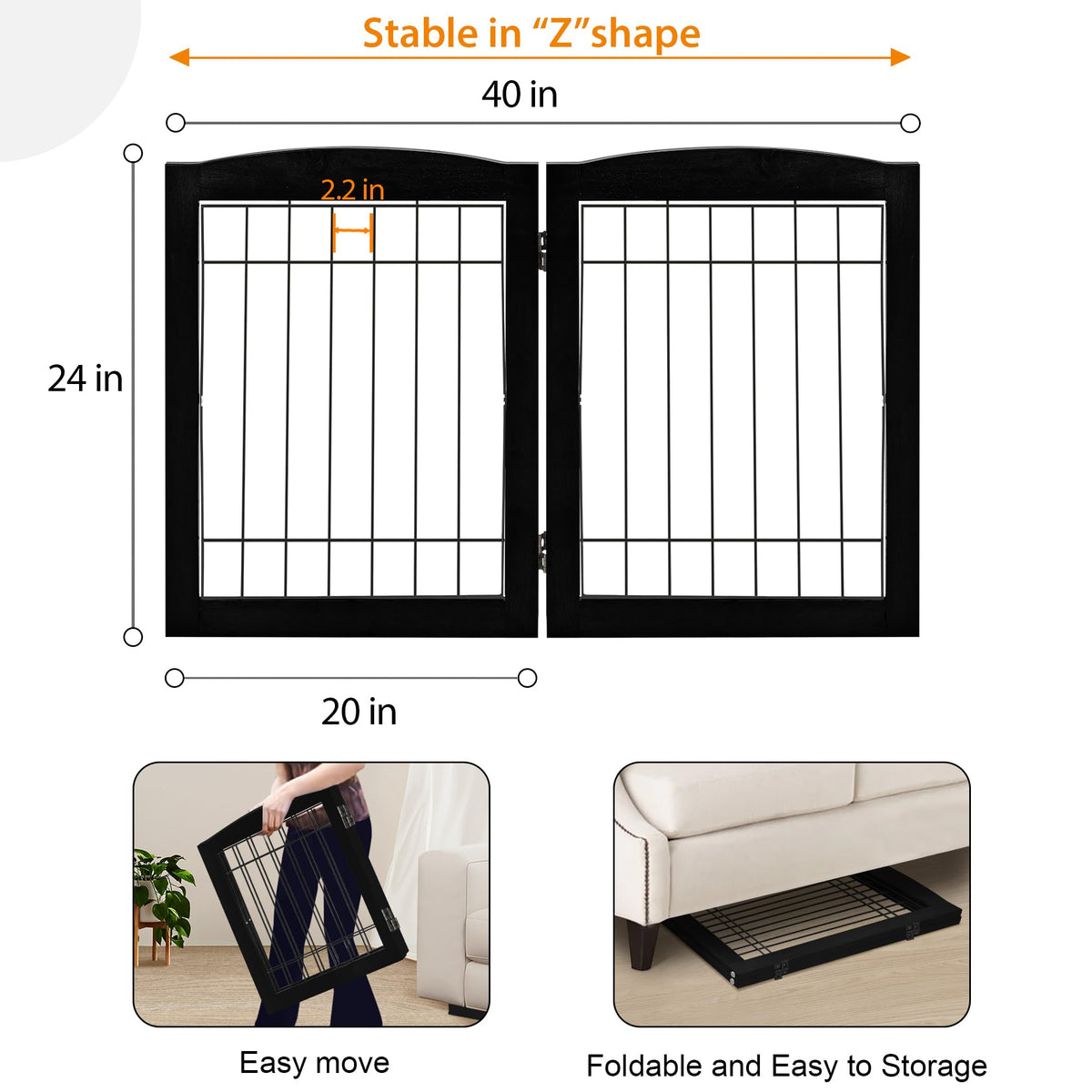 LZRS Temporary Gate in 24"Height-2 Panel, Black