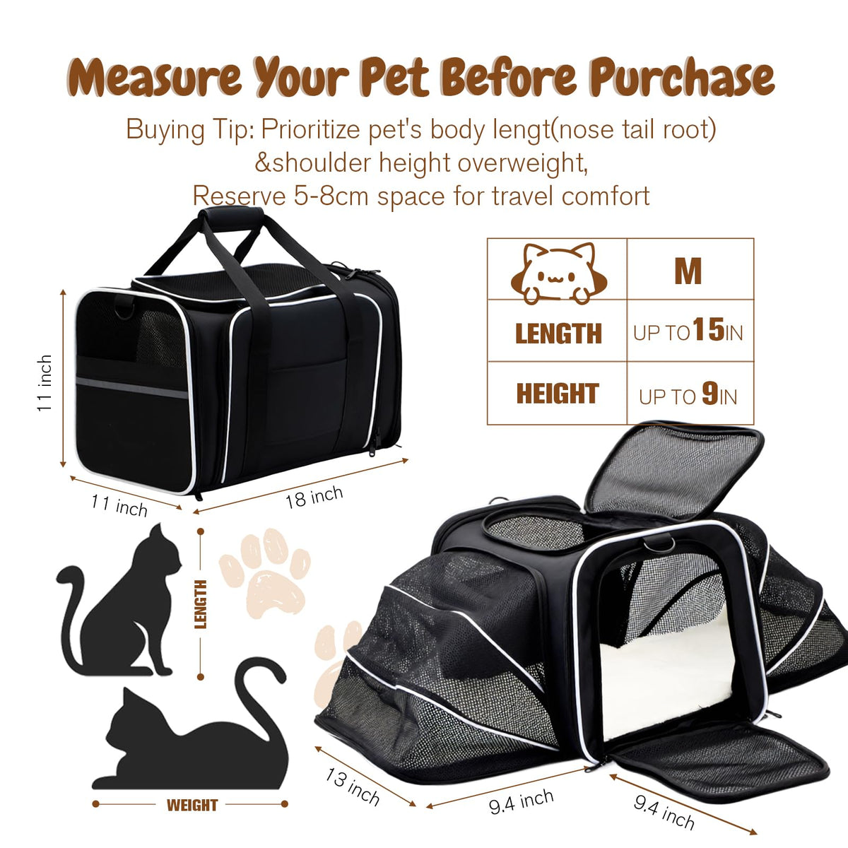Srinlon ㅤ Animal Carrier in 18.0"L x 11.0"W x 11.0"H, Black
