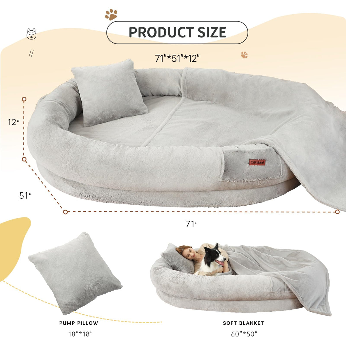 Fvkind Pet Bed Mat in 71"Lx51"Wx12"Th, Grey