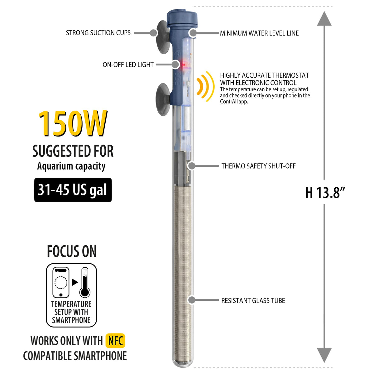 Sicce Immersion Heater in 150 Watt (31-45 Gallon), Transparent with Black Handle