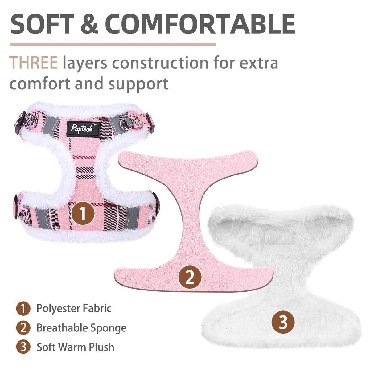 PUPTECK Animal Harness in M (17-25lbs, Chest 17"-21"), #3 Pink(Plush Plaid)
