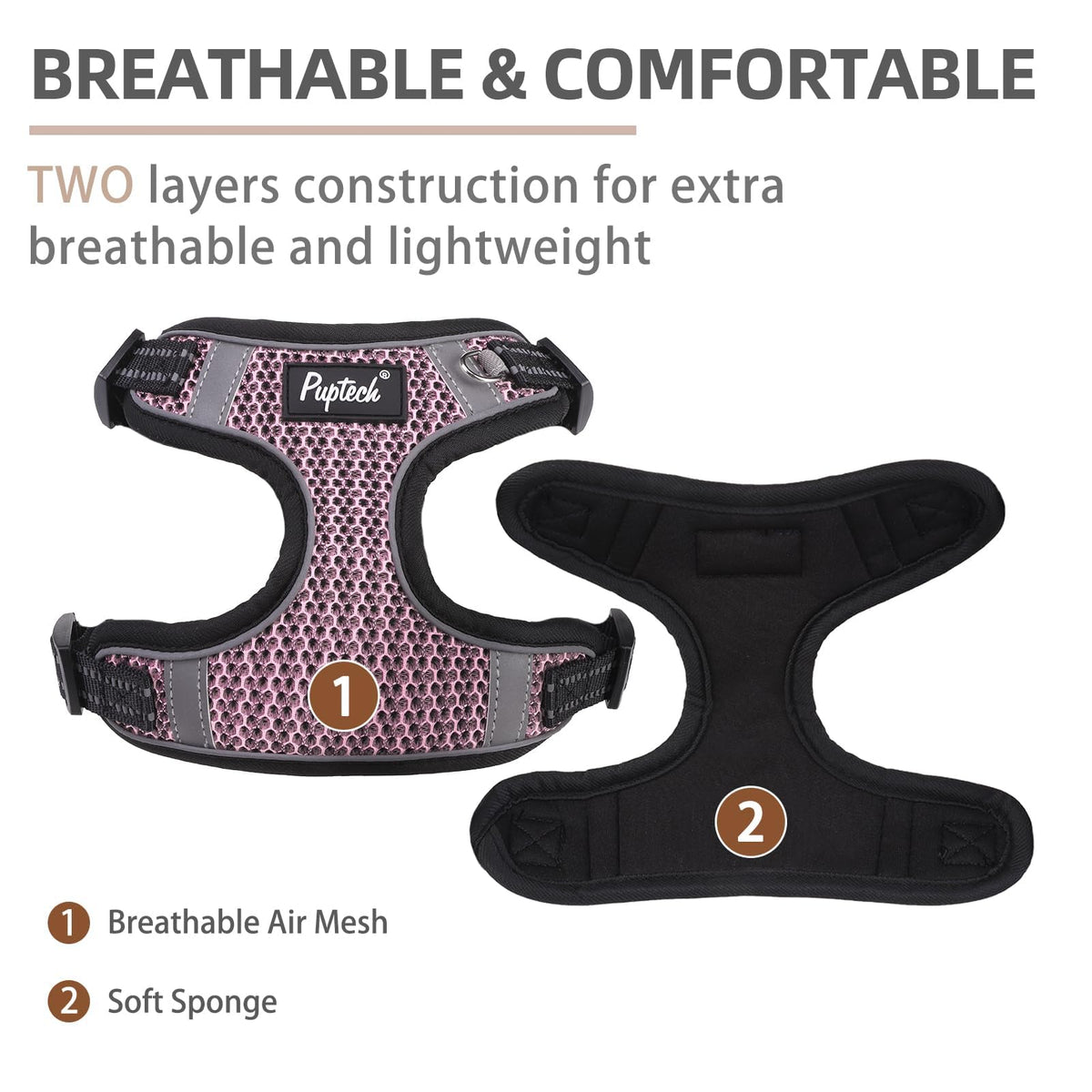 PUPTECK Animal Harness in M (17-25lbs, Chest 17"-21"), #1 LightPink(Breathable Mesh)