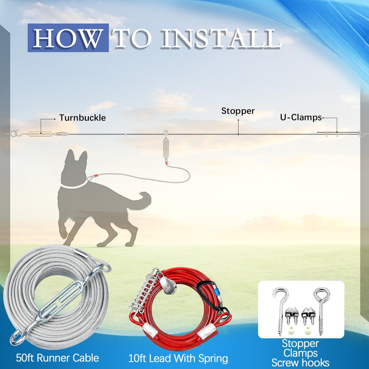 Snagle Paw Leash in 50ft run cable+10ft tie out cable, Red for 250lbs dogs