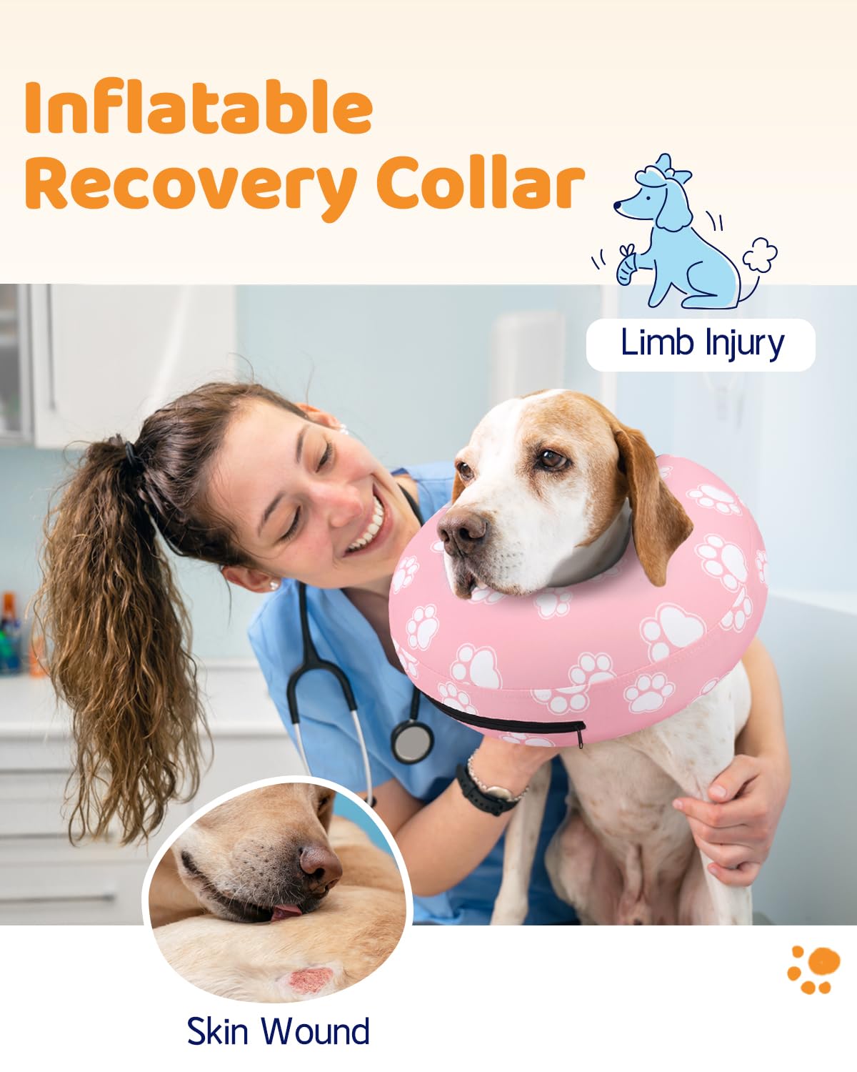 Supet Animal Recovery Collar Cone in S(Neck 7"-9.5"), T Paw Pink