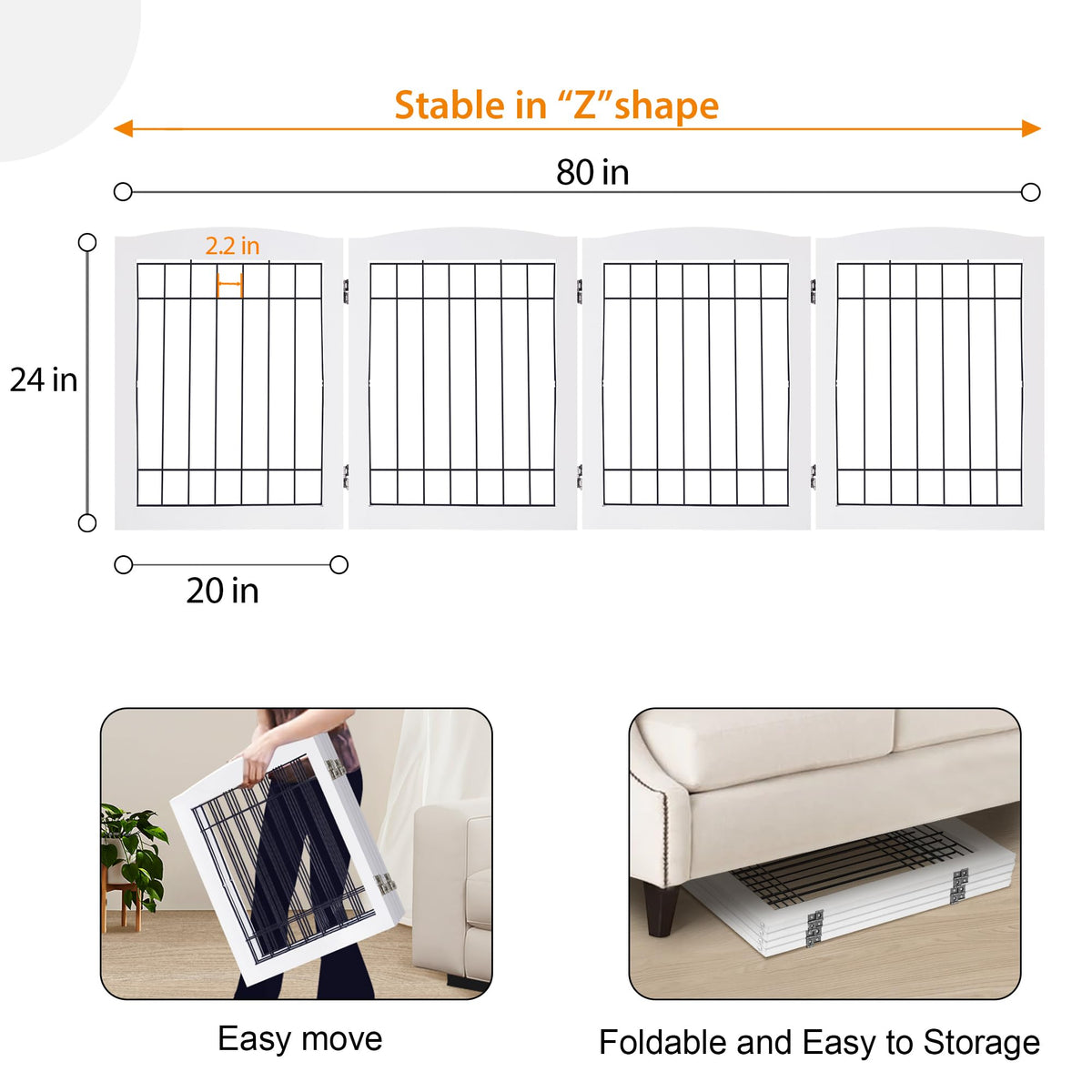 LZRS Temporary Gate in 24"Height-4 Panel, White