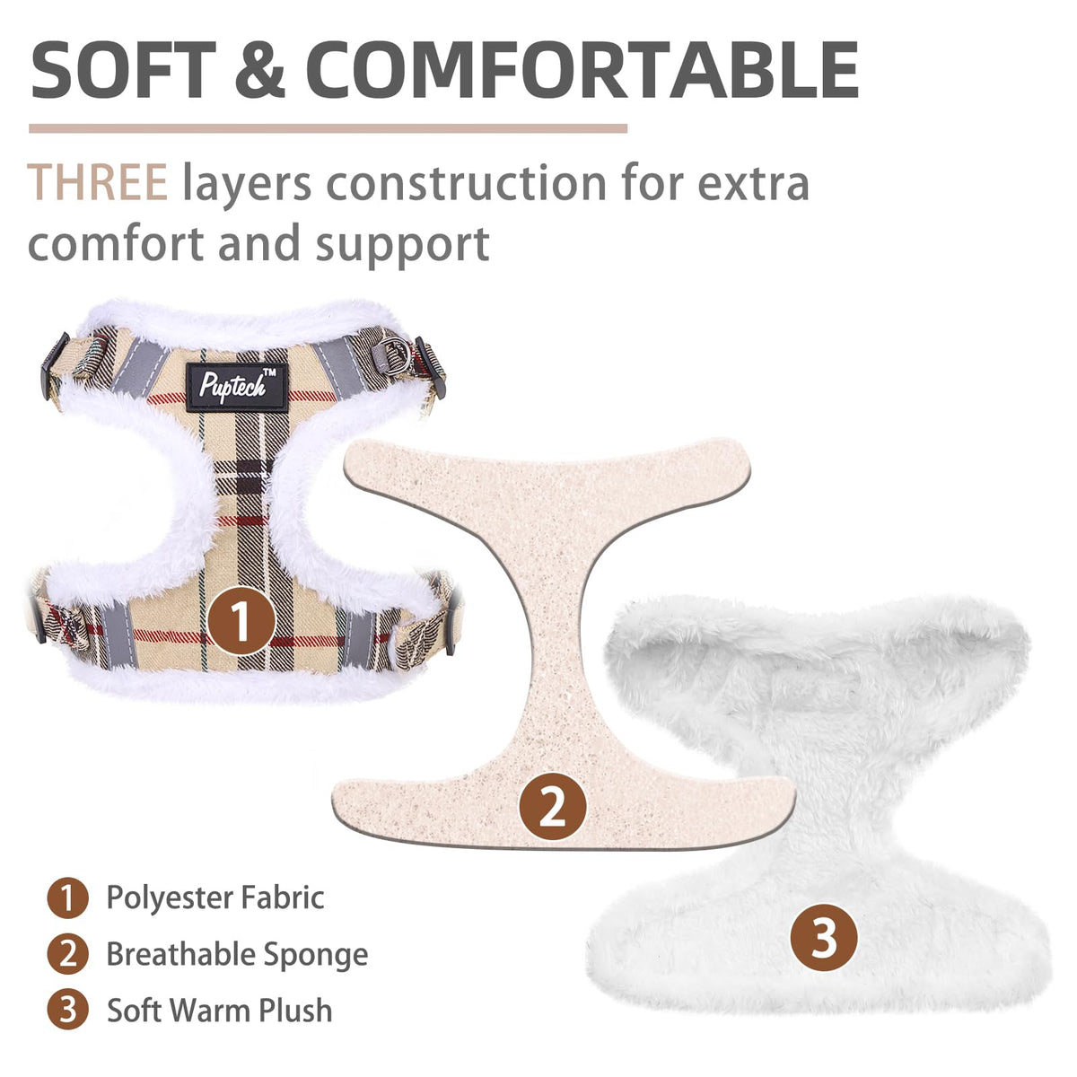 PUPTECK Animal Harness in XS (9-13lbs, Chest 14"-16"), #3 Beige(Plush Plaid)