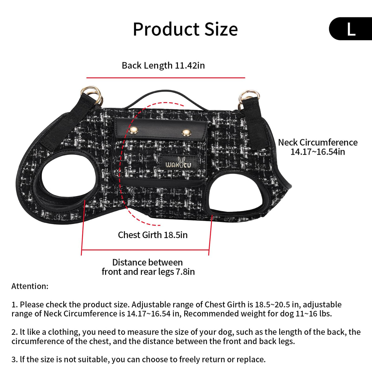 wakytu Animal Harness in Large(11-16 LBS), 2.0 Black