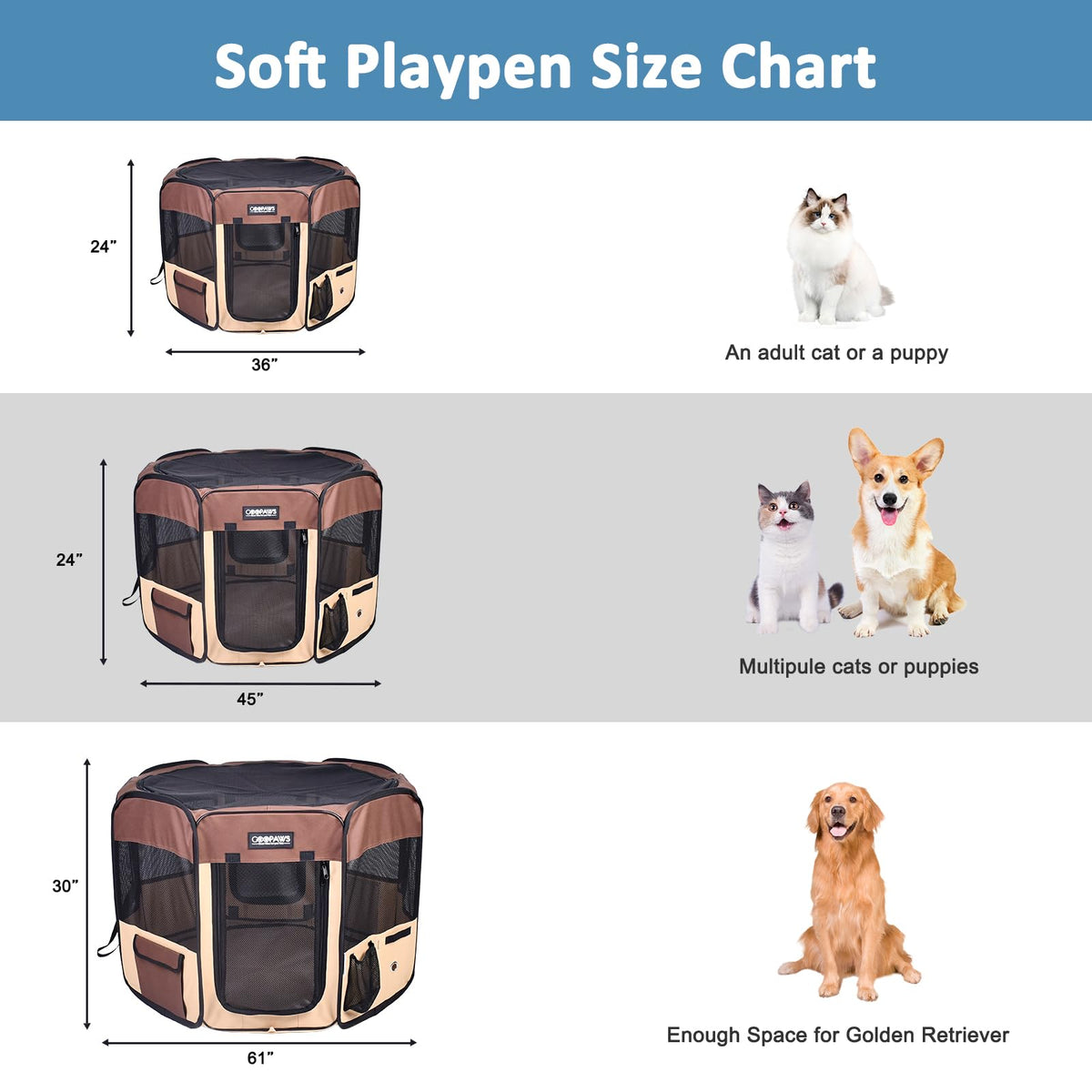 JESPET Pet Playpen in 36x36x24 Inch (Pack of 1), Brown