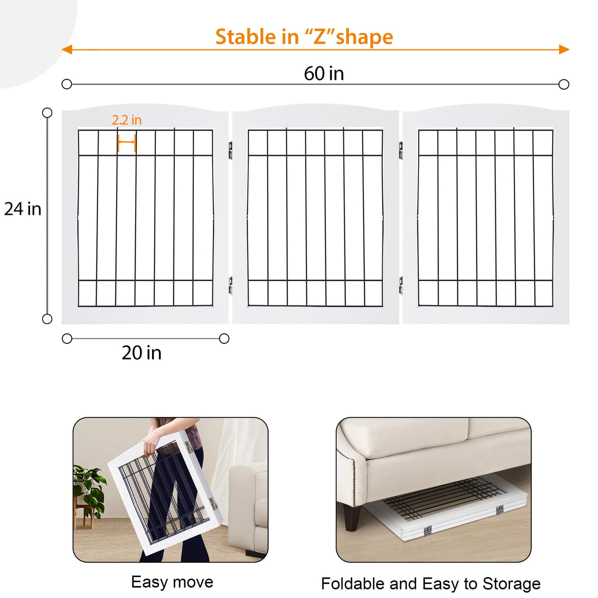 LZRS Temporary Gate in 24"Height-3 Panel, White