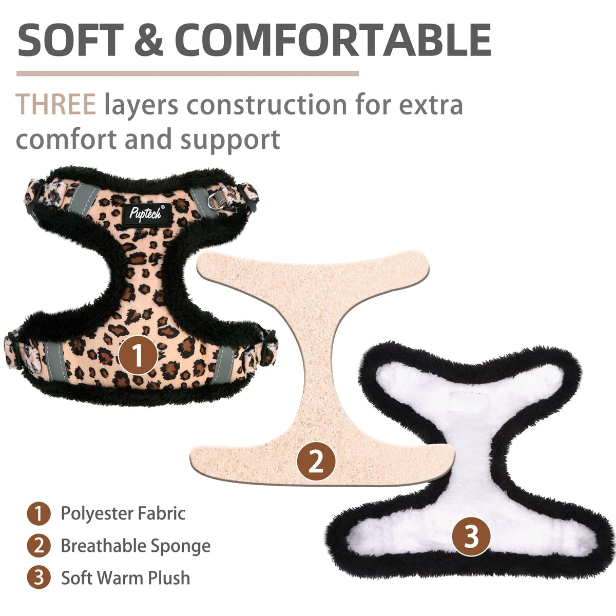 PUPTECK Animal Harness in XS (9-13lbs, Chest 14"-16"), #3 Brown(Plush Leopard Print)