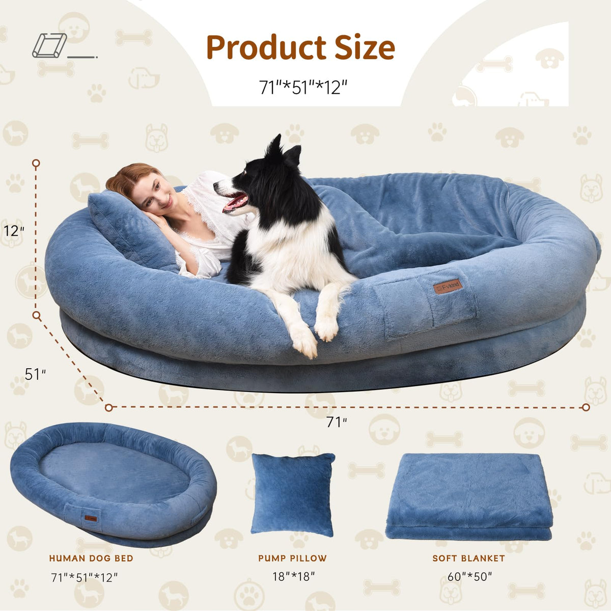 Fvkind Pet Bed Mat in 71"Lx51"Wx12"Th, Blue