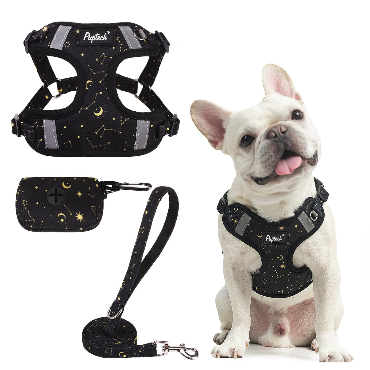 PUPTECK Animal Harness in L (25-33lbs, Chest 20"-25"), #2 Black(Stars Print)