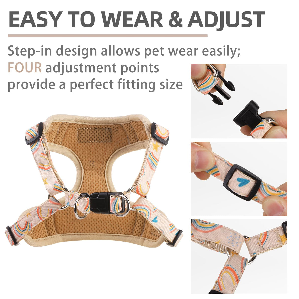 PUPTECK Animal Harness in L (25-33lbs, Chest 20"-25"), #2 Beige(Rainbow Print)
