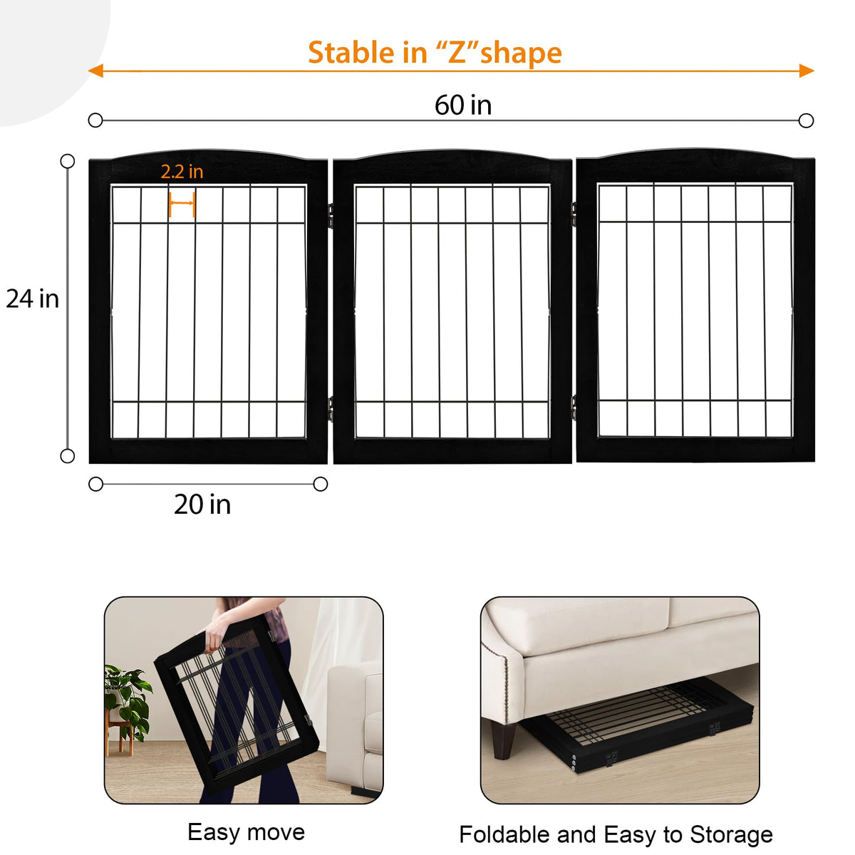 LZRS Temporary Gate in 24"Height-3 Panel, Black