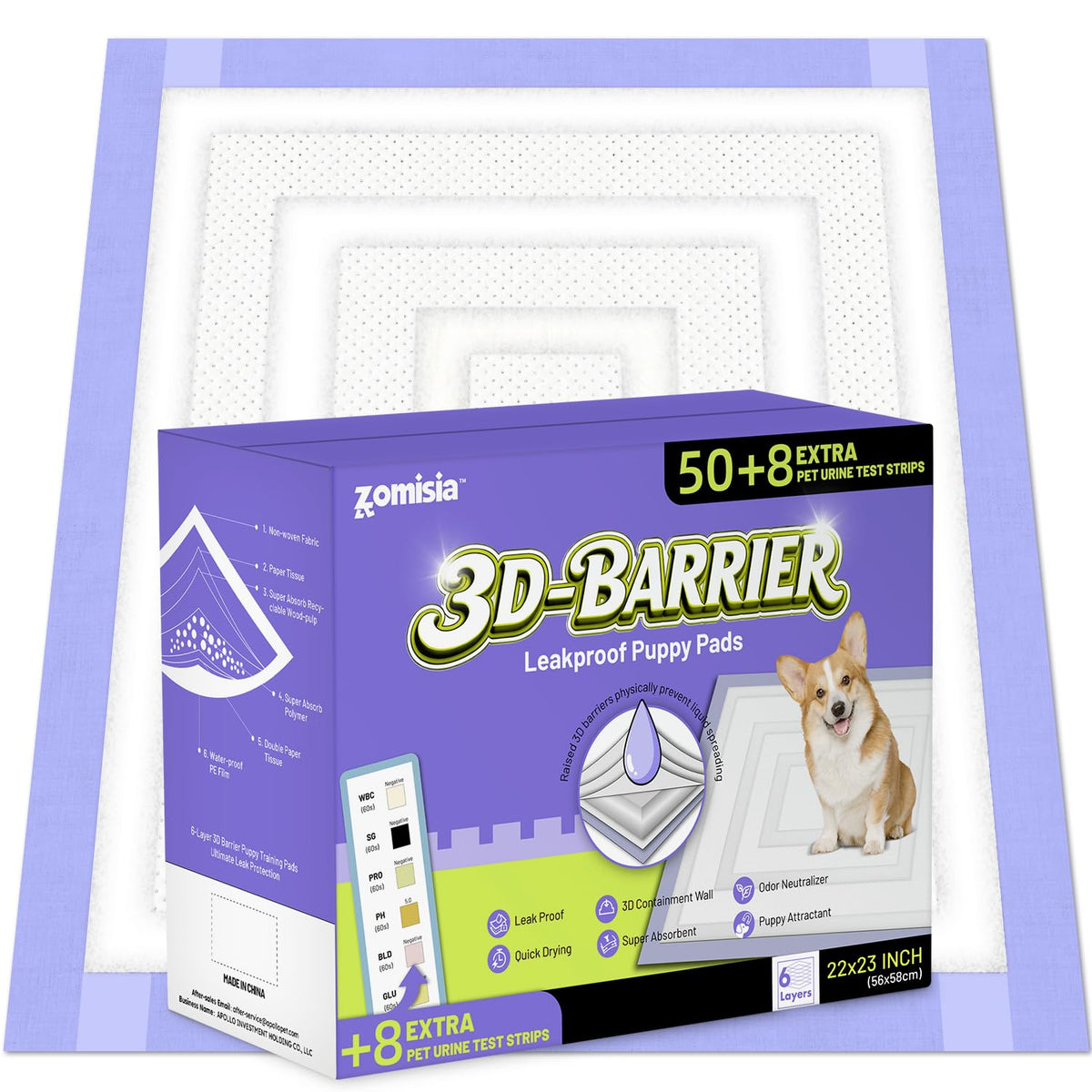 ZOMISIA Disposable Incontinence Surface Protector in 22"x23" - 50 Count + 8 Pet Urine Test Strips, Purple