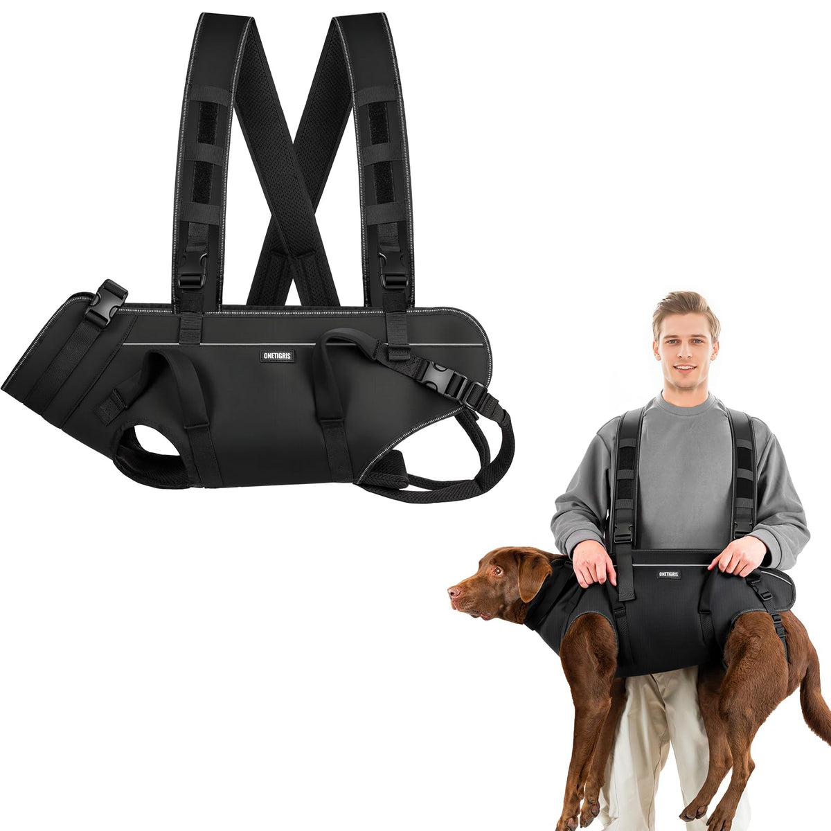 ONETIGRIS Animal Carrier in XL: Chest 31-40", Back 12.5", Fits 85-140 lbs, Black
