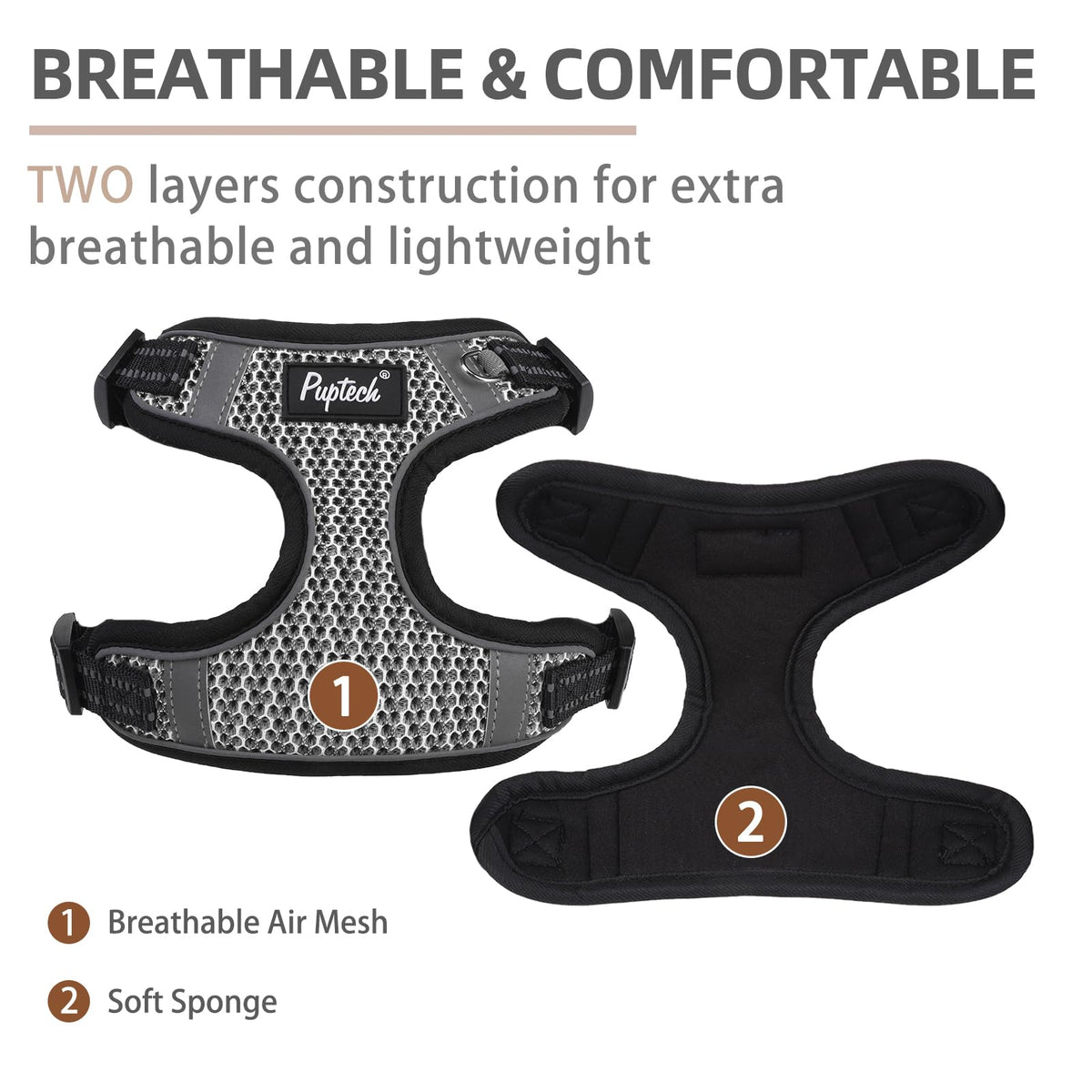 PUPTECK Animal Harness in L (25-33lbs, Chest 20"-25"), #1 Grey(Breathable Mesh)