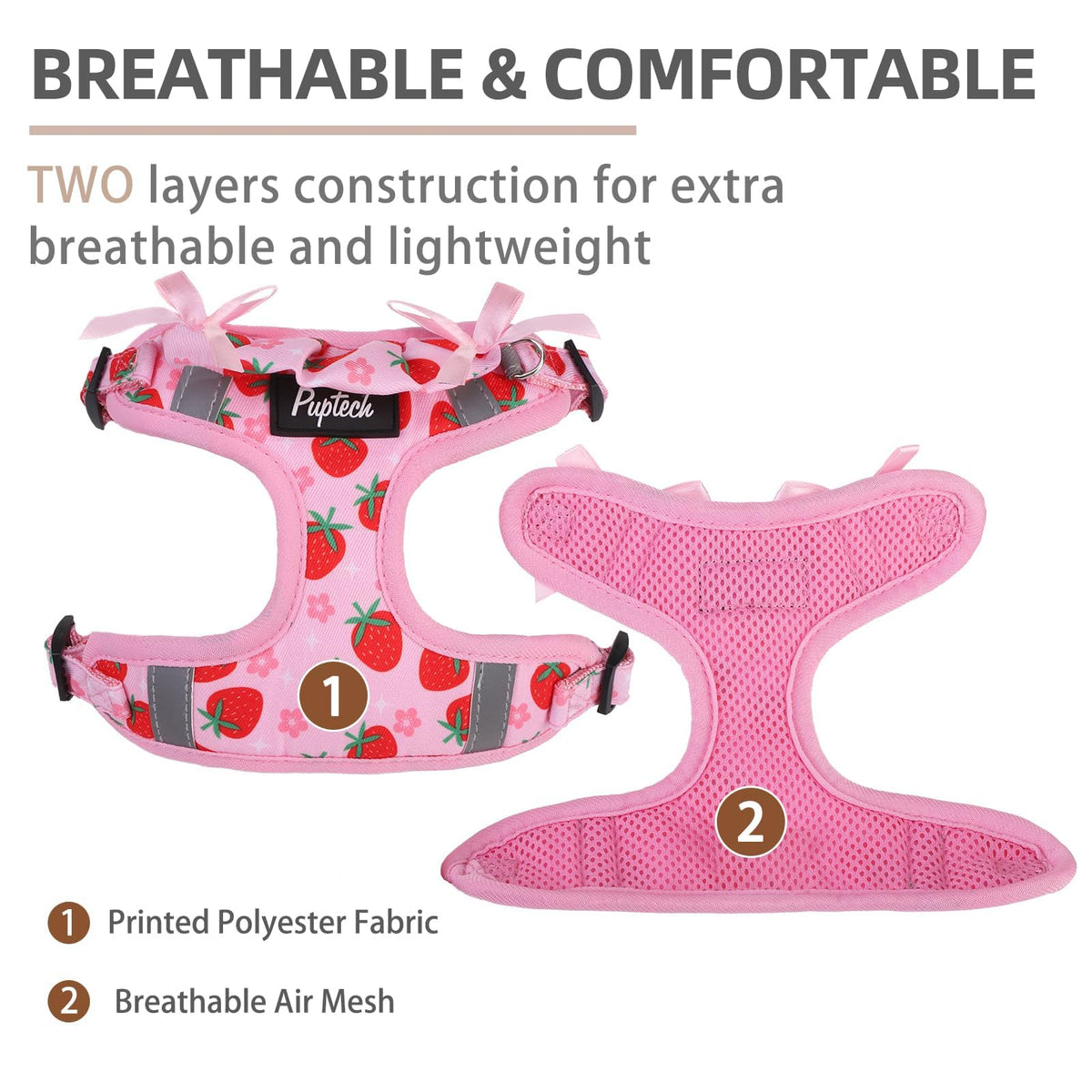 PUPTECK Animal Harness in M (17-25lbs, Chest 17"-21"), #2 Pink(Strawberry Print)